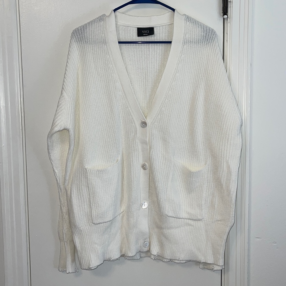 VICI Cream Open-Knit Button Cardigan with Front Pockets